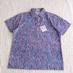 Leon Levin Women's Vintage Blue and Pink Polo Golf Shirt with Dynamic Stripes